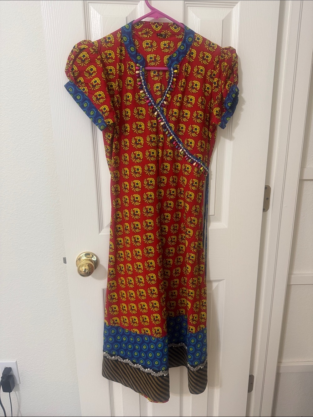 Red Printed Wrap-Style Women’s Dress with Blue Trim